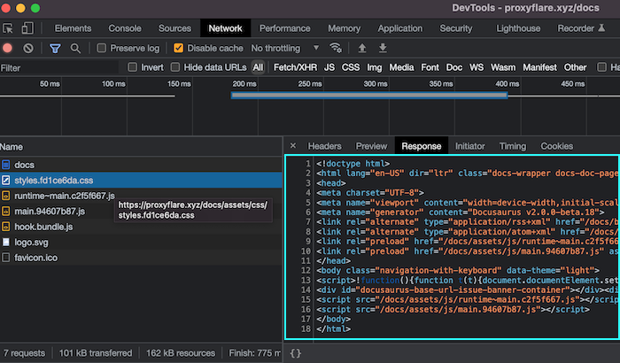 An unexpected stylesheet response containing HTML